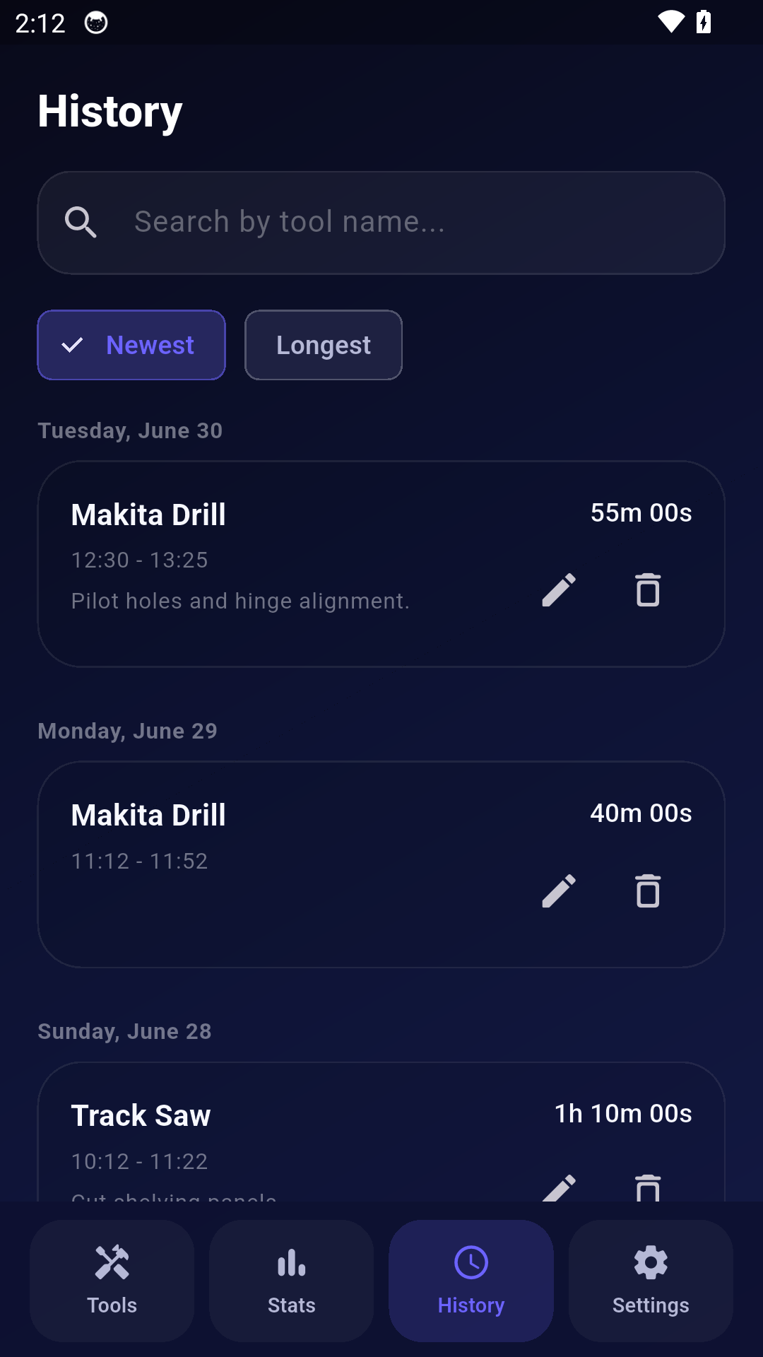 White Tracker history screen