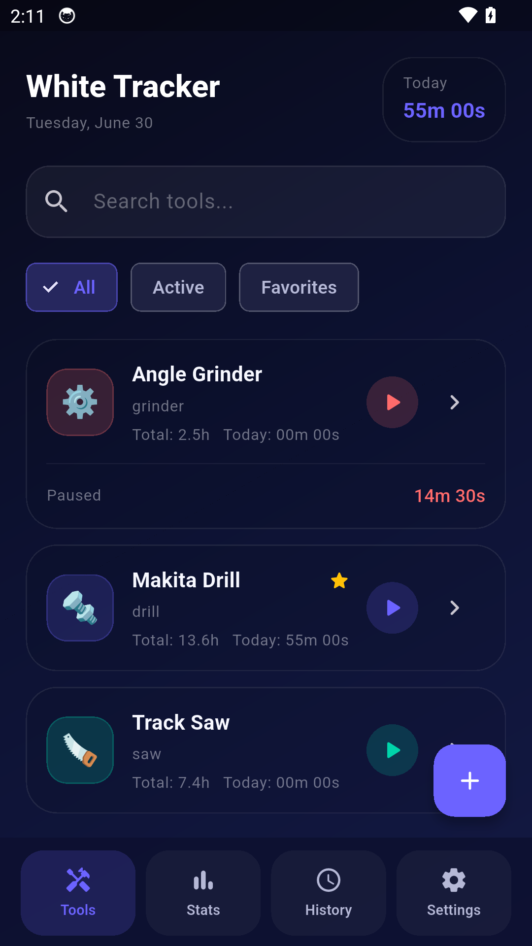 White Tracker tools screen